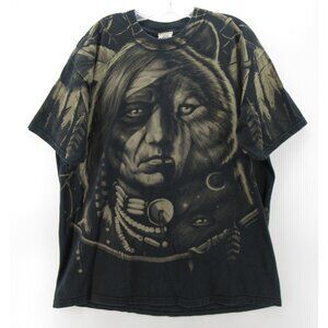 VINTAGE Liquid Blue Shirt XL Native American Indian AOP Wolf Eagle 90s